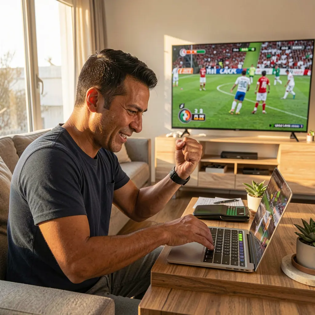 7AA Bet – Experience the thrill of live sports betting in Mexico Mexican bettor celebrating a winning moment while placing online sports bets on a laptop with live soccer action behind him using 7AA